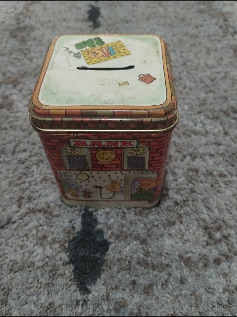 Vintage-style  Hallmark Kids Tin Coin Bank - Red Brick Design